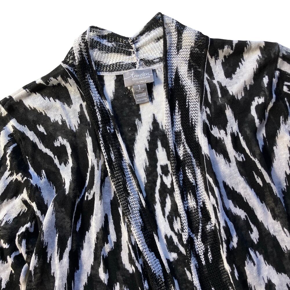 Chicos Travelers Collection Linen Cardigan Sweater Sz 1/M Ikat Print Black White - Picture 2 of 6
